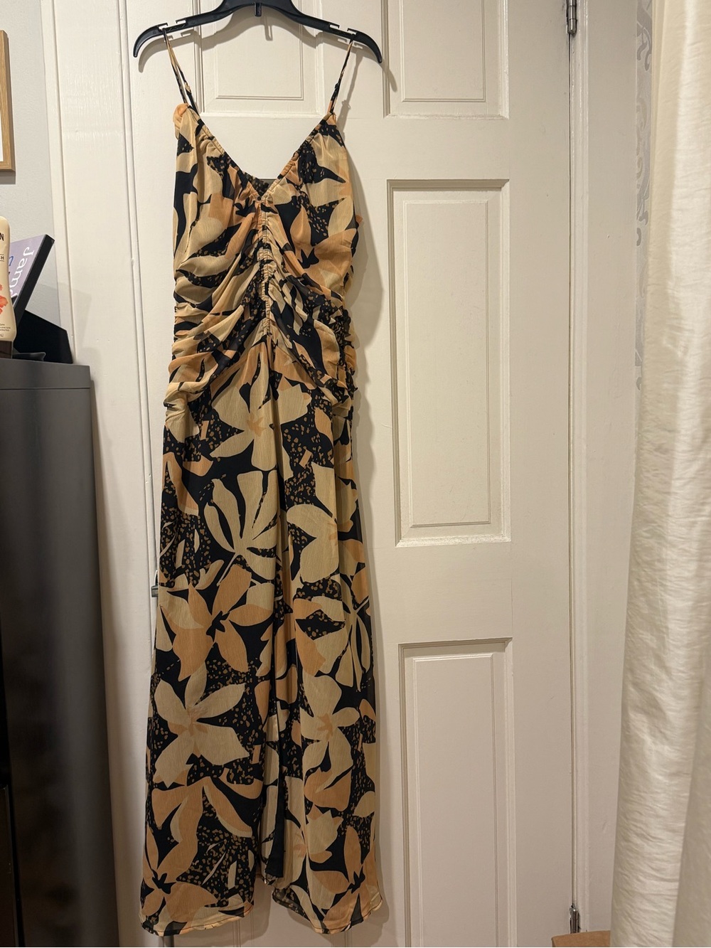 Lost + Wander Beige and Black Floral Ruched Maxi Dress
